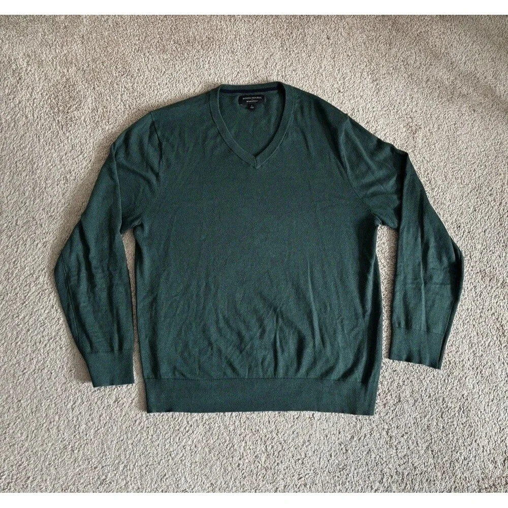 Banana Republic Mens Large V Neck Sweater Silk Cashmere‎ Cotton Green Preppy